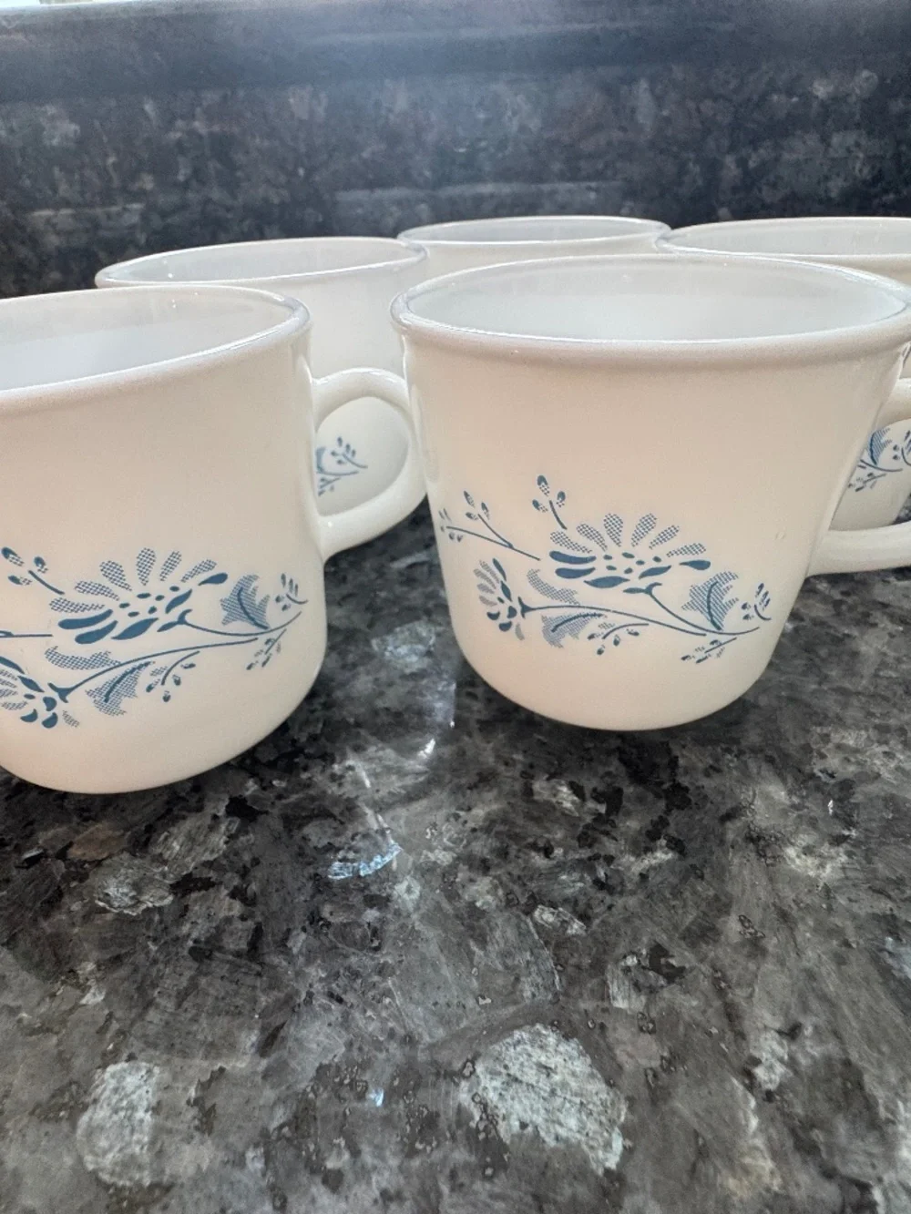 5 Vintage Corelle CORNING Coffee Mugs COLONIAL MIST  Blue Floral Print Excellent